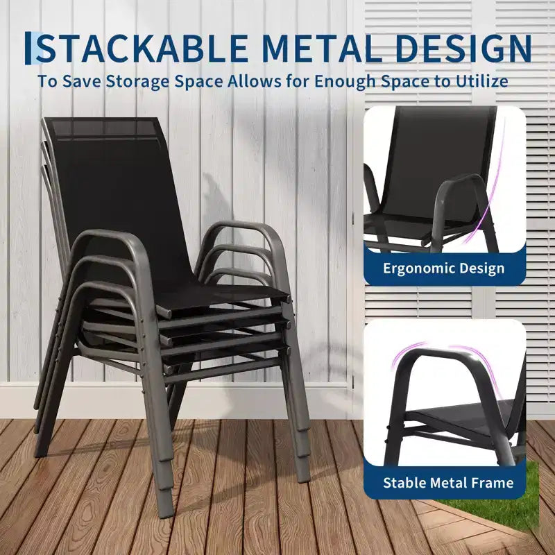 Set di 4 sedie da pranzo impilabili salvaspazio per patio | Sedie da esterno con schienale alto e tessuto Textilene traspirante | Telaio in metallo resistente, ideali per il prato