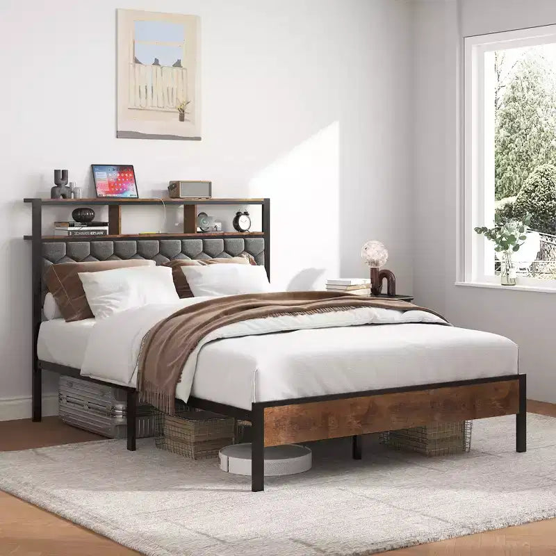 Letto a piattaforma matrimoniale/Queen/King con testiera imbottita, giroletto in legno con contenitore e 2 porte USB, ampio contenitore sotto il letto, marrone