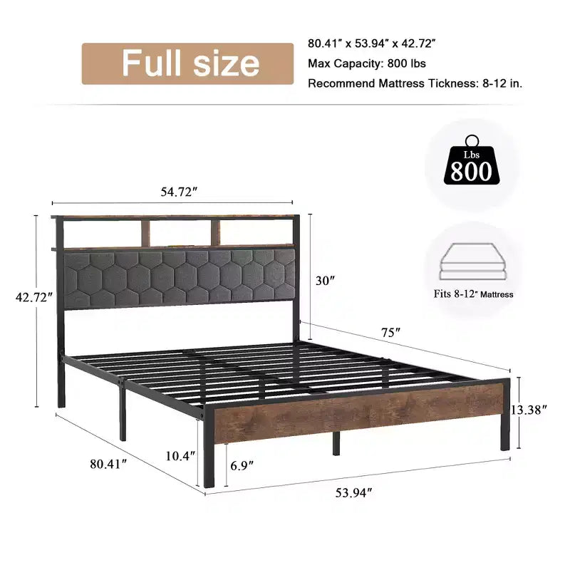 Letto a piattaforma matrimoniale/Queen/King con testiera imbottita, giroletto in legno con contenitore e 2 porte USB, ampio contenitore sotto il letto, marrone