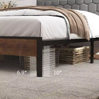 Letto a piattaforma matrimoniale/Queen/King con testiera imbottita, giroletto in legno con contenitore e 2 porte USB, ampio contenitore sotto il letto, marrone