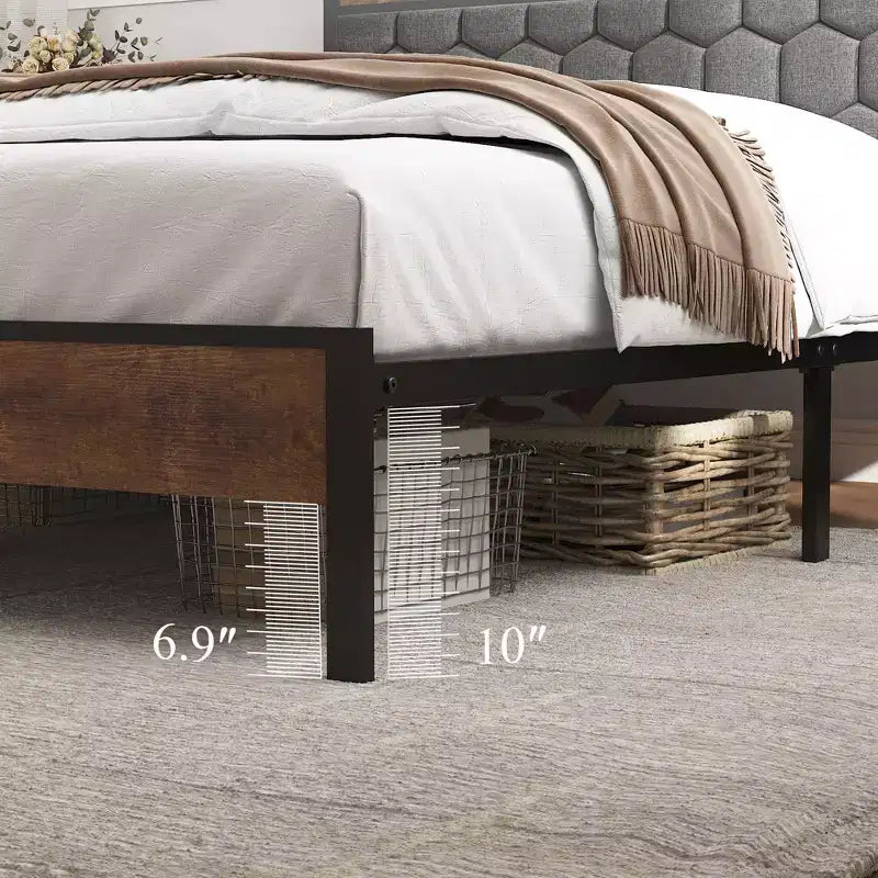 Letto a piattaforma matrimoniale/Queen/King con testiera imbottita, giroletto in legno con contenitore e 2 porte USB, ampio contenitore sotto il letto, marrone