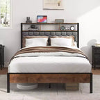 Letto a piattaforma matrimoniale/Queen/King con testiera imbottita, giroletto in legno con contenitore e 2 porte USB, ampio contenitore sotto il letto, marrone