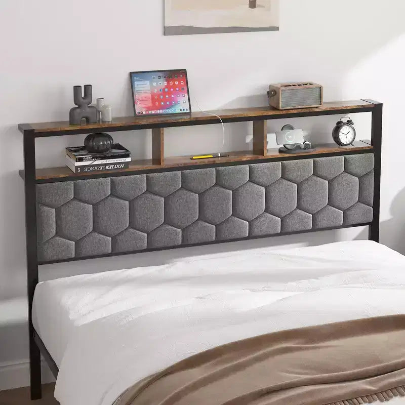Letto a piattaforma matrimoniale/Queen/King con testiera imbottita, giroletto in legno con contenitore e 2 porte USB, ampio contenitore sotto il letto, marrone