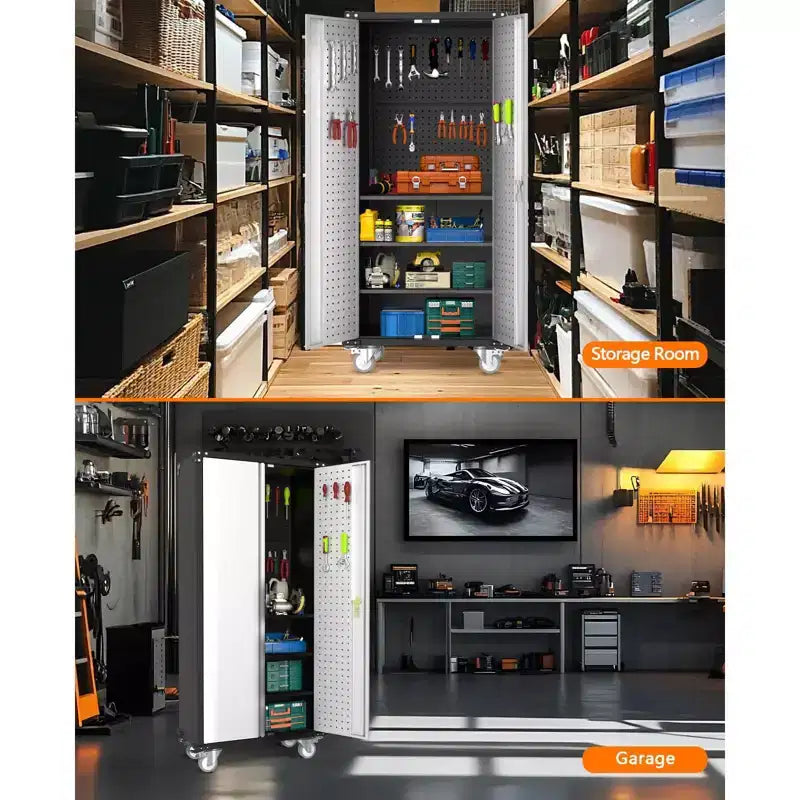 Armadio portautensili mobile in acciaio resistente da 72" con serratura e pannello forato, 4 ripiani regolabili, organizer portatile per garage, officina e casa
