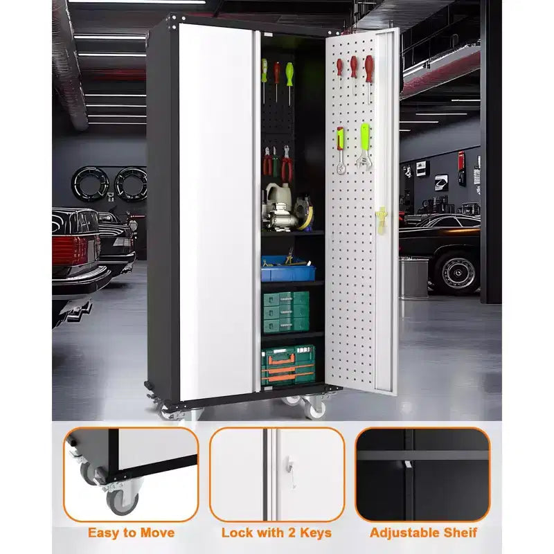 Armadio portautensili mobile in acciaio resistente da 72" con serratura e pannello forato, 4 ripiani regolabili, organizer portatile per garage, officina e casa