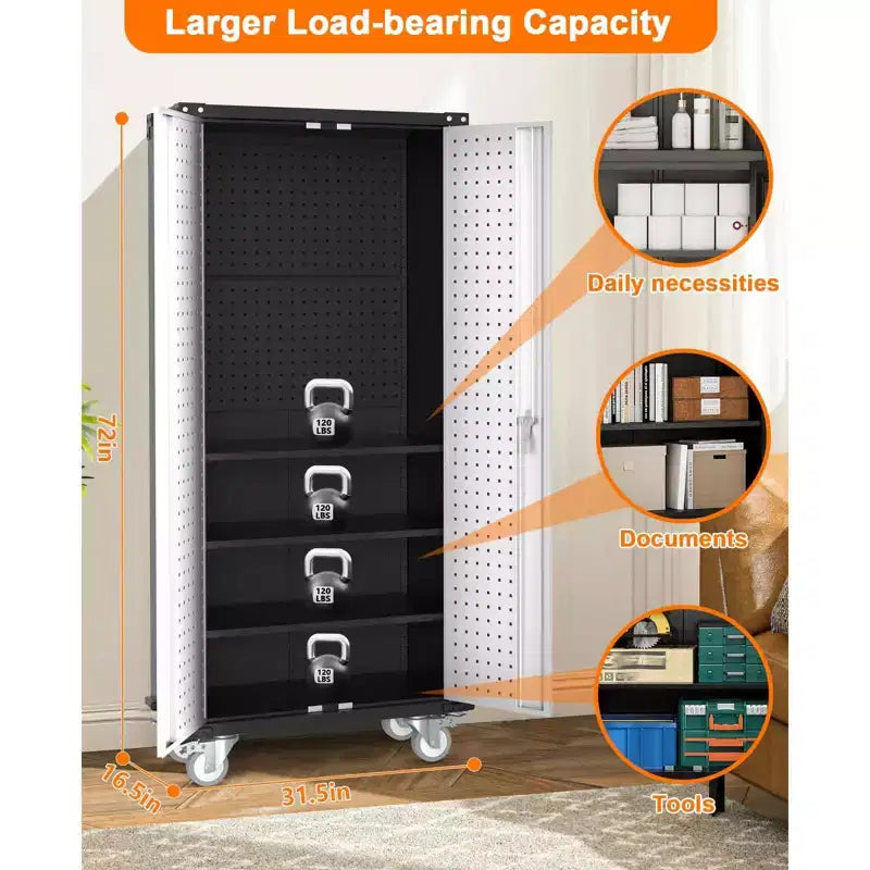 Armadio portautensili mobile in acciaio resistente da 72" con serratura e pannello forato, 4 ripiani regolabili, organizer portatile per garage, officina e casa
