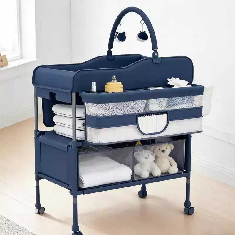 Fasciatoio Portatile Regolabile con Ruote, 2 Cassetti e Piano Impermeabile, Stazione Pannolini Pieghevole, Organizzatore Mobile per Neonati