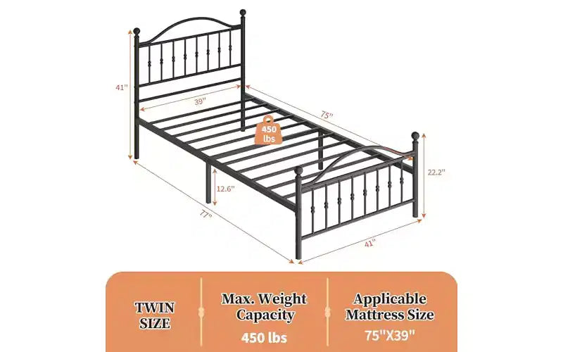 Letto a Piattaforma in Metallo, Testiera in Ferro Battuto Vittoriano, Contenitore Sottoletto, Silenzioso, Nessun Box Spring, Nero