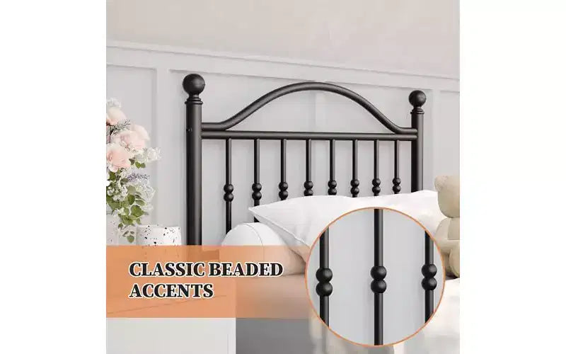 Letto a Piattaforma in Metallo, Testiera in Ferro Battuto Vittoriano, Contenitore Sottoletto, Silenzioso, Nessun Box Spring, Nero