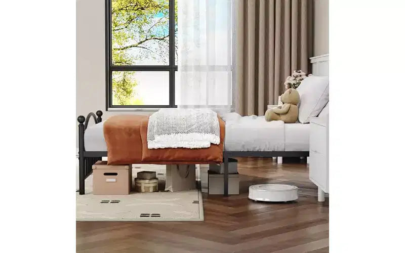 Letto a Piattaforma in Metallo, Testiera in Ferro Battuto Vittoriano, Contenitore Sottoletto, Silenzioso, Nessun Box Spring, Nero