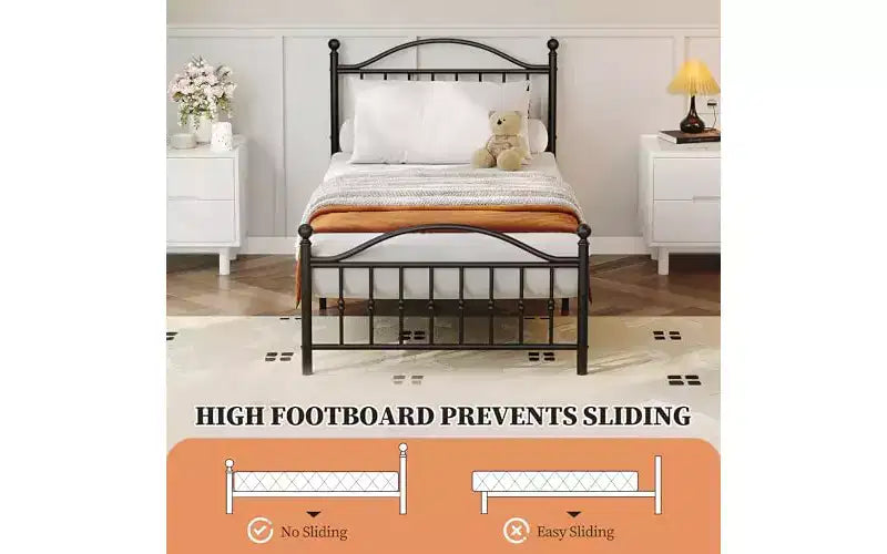 Letto a Piattaforma in Metallo, Testiera in Ferro Battuto Vittoriano, Contenitore Sottoletto, Silenzioso, Nessun Box Spring, Nero