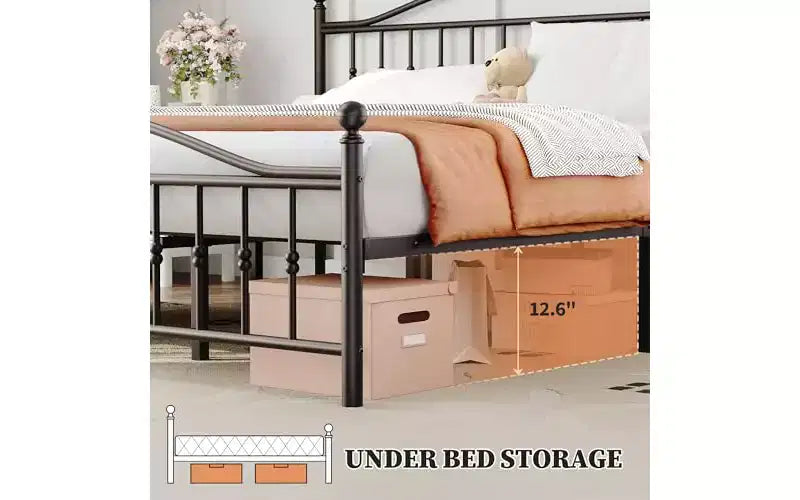 Letto a Piattaforma in Metallo, Testiera in Ferro Battuto Vittoriano, Contenitore Sottoletto, Silenzioso, Nessun Box Spring, Nero