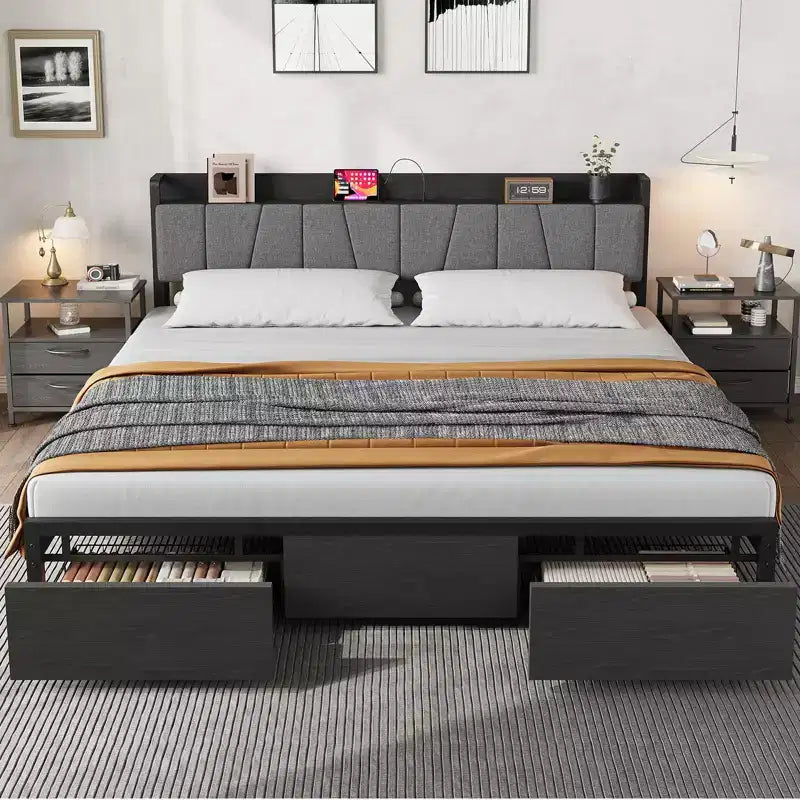 Struttura letto con piattaforma e 2 cassetti portaoggetti, testiera imbottita, stazione di ricarica integrata, robuste doghe in metallo, non è necessario un box spring