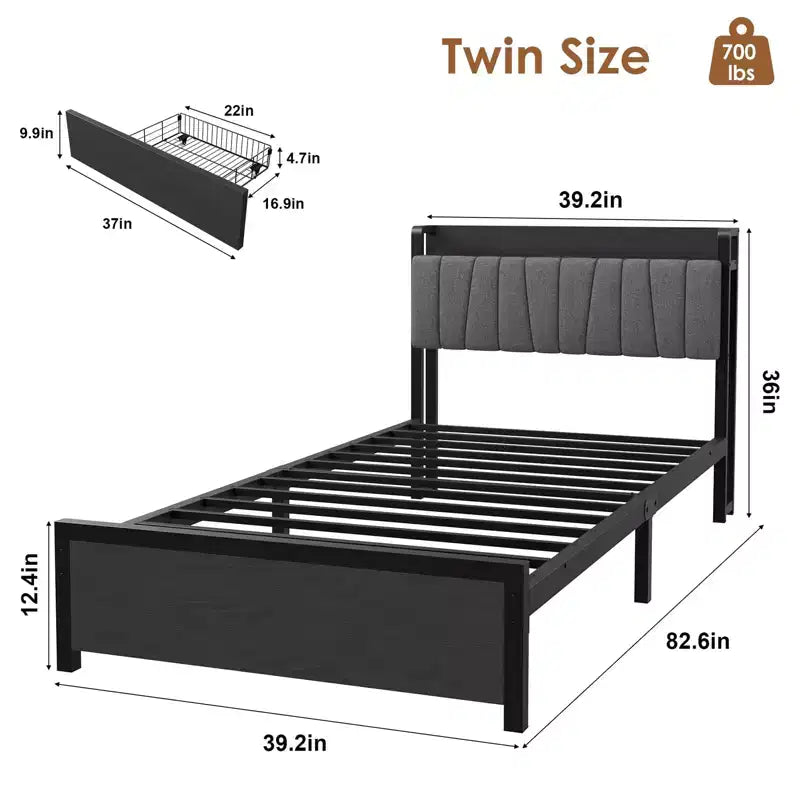 Struttura letto con piattaforma e 2 cassetti portaoggetti, testiera imbottita, stazione di ricarica integrata, robuste doghe in metallo, non è necessario un box spring