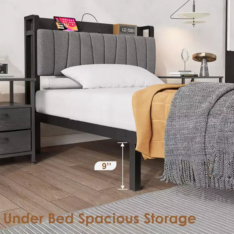 Struttura letto con piattaforma e 2 cassetti portaoggetti, testiera imbottita, stazione di ricarica integrata, robuste doghe in metallo, non è necessario un box spring