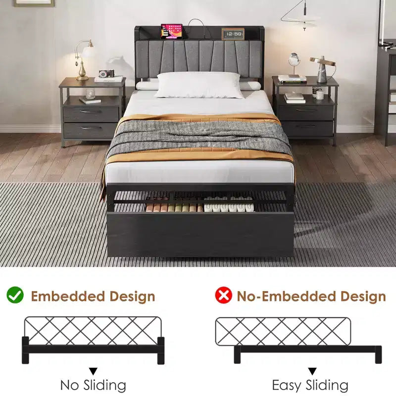 Struttura letto con piattaforma e 2 cassetti portaoggetti, testiera imbottita, stazione di ricarica integrata, robuste doghe in metallo, non è necessario un box spring