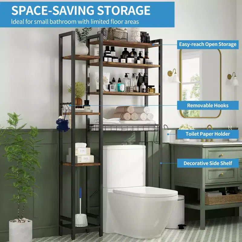 Mobiletto salvaspazio da bagno a 8 ripiani sopra il WC con cestello laterale, scaffale sopra il WC con ripiani regolabili e cestello di scarico