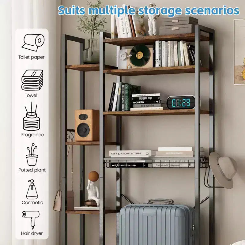 Mobiletto salvaspazio da bagno a 8 ripiani sopra il WC con cestello laterale, scaffale sopra il WC con ripiani regolabili e cestello di scarico
