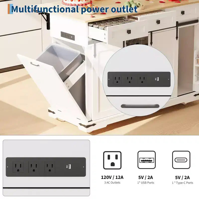 Isola da cucina da 54" con presa elettrica, anta ribaltabile e armadietto per la spazzatura, carrello da cucina con 2 ante scorrevoli a fienile, 3 cassetti, grande tavolo da bar per caffè