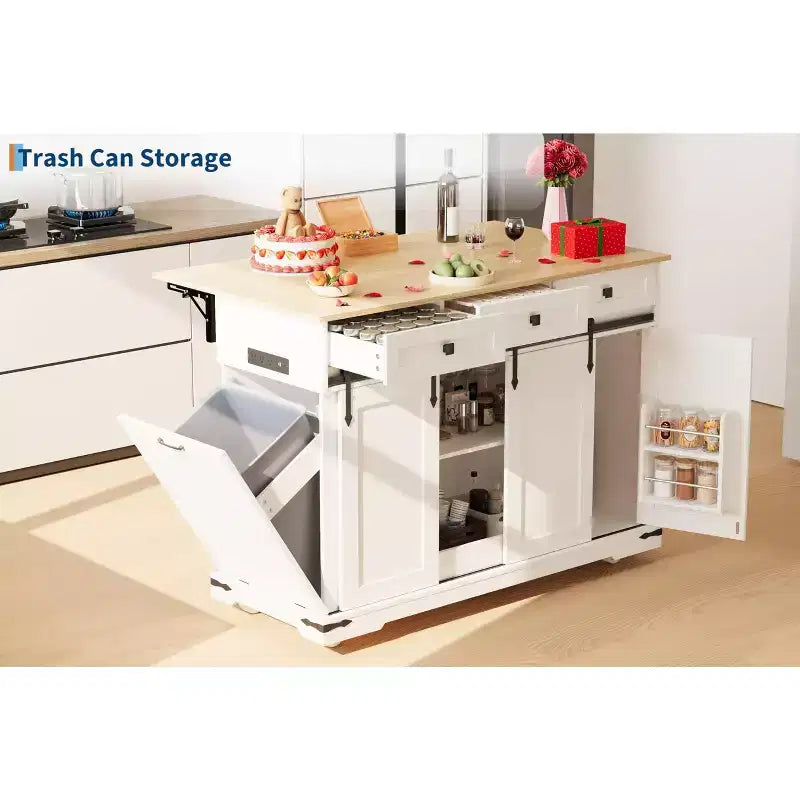 Isola da cucina da 54" con presa elettrica, anta ribaltabile e armadietto per la spazzatura, carrello da cucina con 2 ante scorrevoli a fienile, 3 cassetti, grande tavolo da bar per caffè