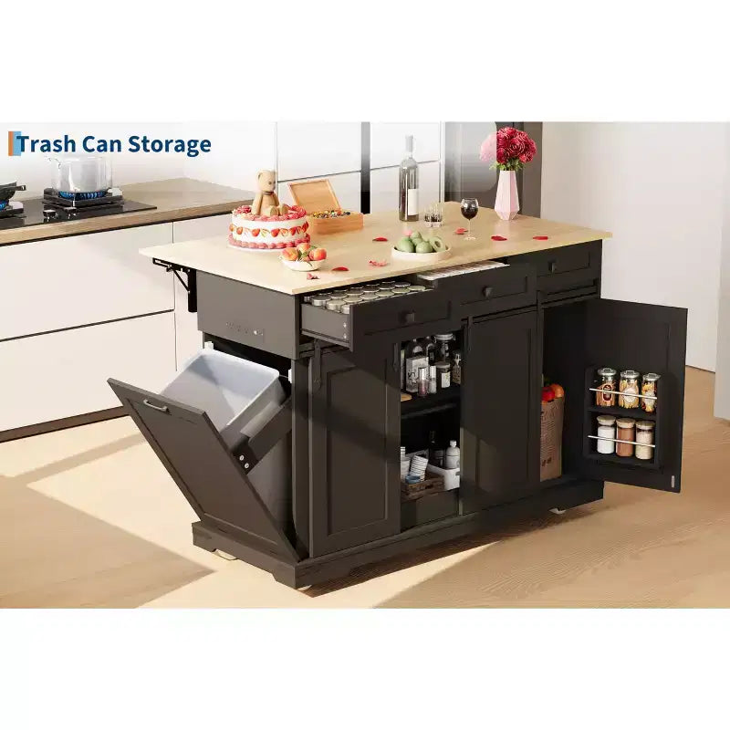 Isola da cucina da 54" con presa elettrica, anta ribaltabile e armadietto per la spazzatura, carrello da cucina con 2 ante scorrevoli a fienile, 3 cassetti, grande tavolo da bar per caffè