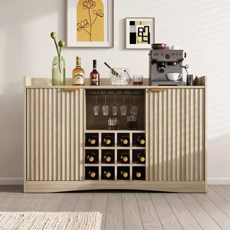 47 Wine Bar Cabinet with 9 Glass Holders, Fluted Liquor Coffee Bar Cabinet with Storage for Dining Room, Sideboard Buffet Cabinet for Living Room