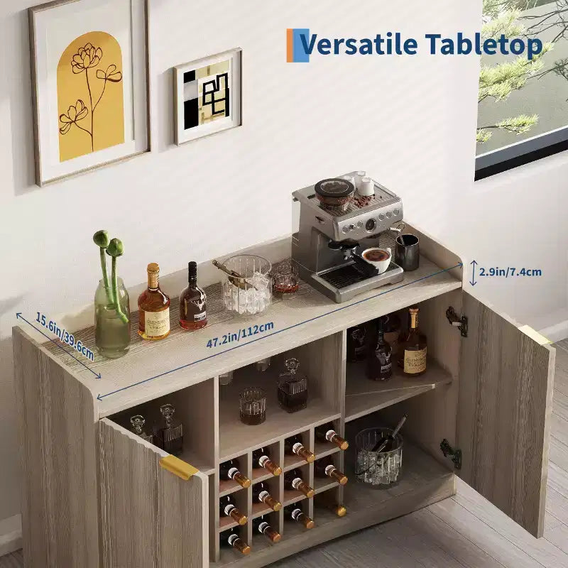 Mobile Bar per Vino da 47" con 9 Portabicchieri, Mobile Bar per Liquori/Caffè Scanalato con Contenitore per Sala da Pranzo, Credenza a Buffet per Soggiorno