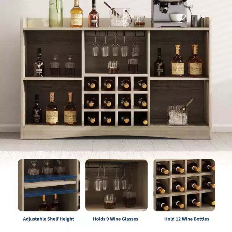Mobile Bar per Vino da 47" con 9 Portabicchieri, Mobile Bar per Liquori/Caffè Scanalato con Contenitore per Sala da Pranzo, Credenza a Buffet per Soggiorno