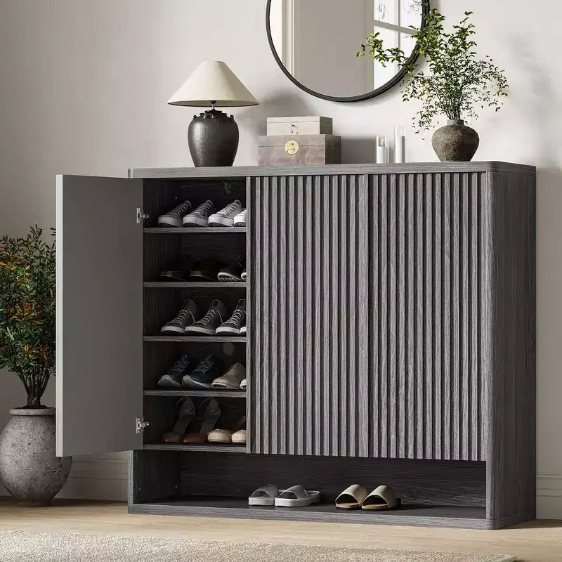 46 Inch Wooden Shoe Cabinet with Fluted Door - Adjustable Storage Holds 30-35 Pairs for Entryway & Living Room