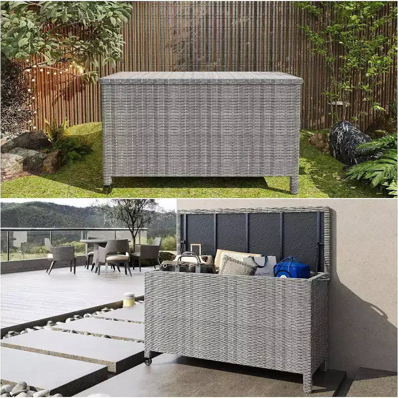 Cassa per esterni in vimini da 125 galloni, Contenitore da giardino impermeabile per tutte le stagioni con finitura in rattan PE e telaio in acciaio, per cuscini, attrezzi da giardino
