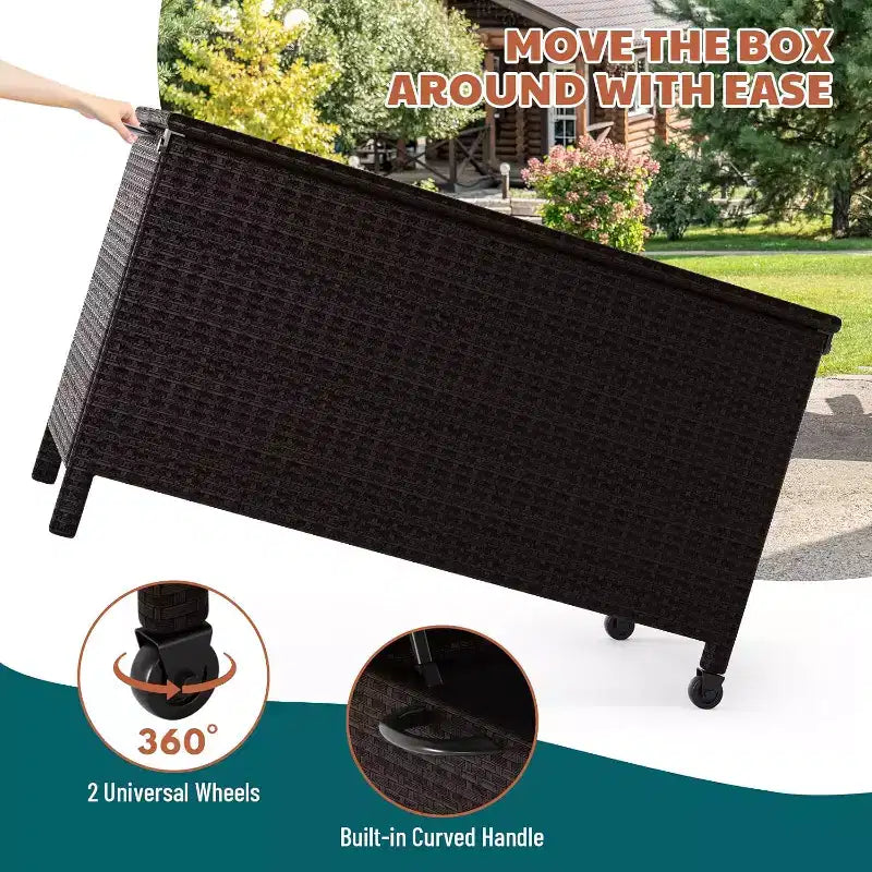 Cassa per esterni in vimini da 125 galloni, Contenitore da giardino impermeabile per tutte le stagioni con finitura in rattan PE e telaio in acciaio, per cuscini, attrezzi da giardino