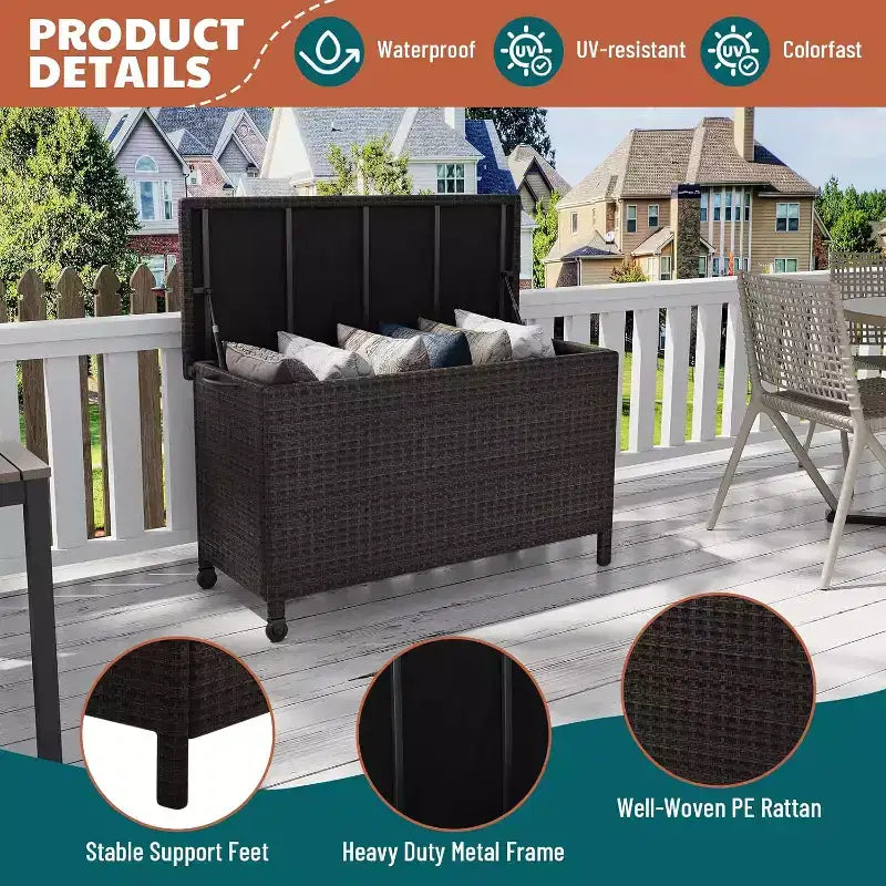 Cassa per esterni in vimini da 125 galloni, Contenitore da giardino impermeabile per tutte le stagioni con finitura in rattan PE e telaio in acciaio, per cuscini, attrezzi da giardino