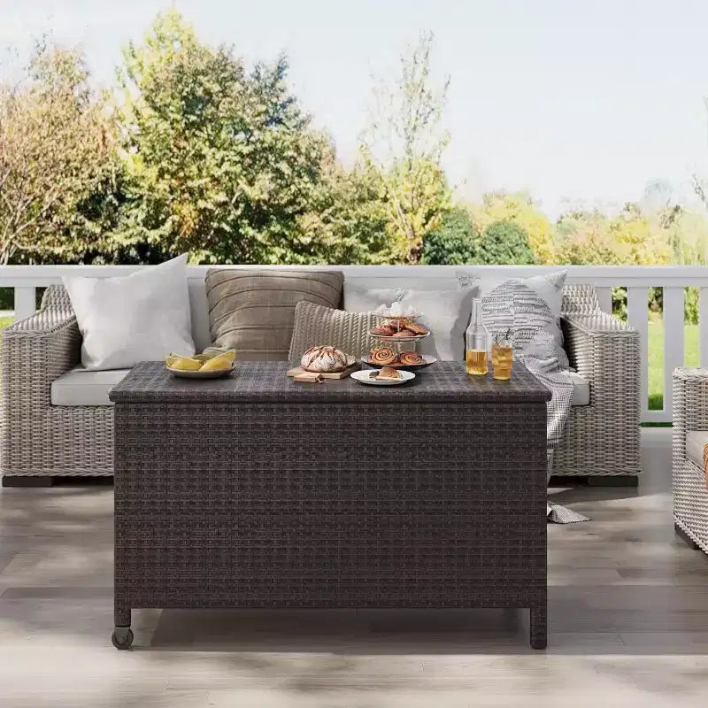 Cassa per esterni in vimini da 125 galloni, Contenitore da giardino impermeabile per tutte le stagioni con finitura in rattan PE e telaio in acciaio, per cuscini, attrezzi da giardino