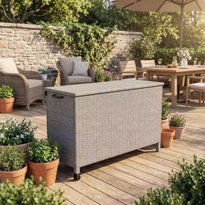 Cassa per esterni in vimini da 125 galloni, Contenitore da giardino impermeabile per tutte le stagioni con finitura in rattan PE e telaio in acciaio, per cuscini, attrezzi da giardino