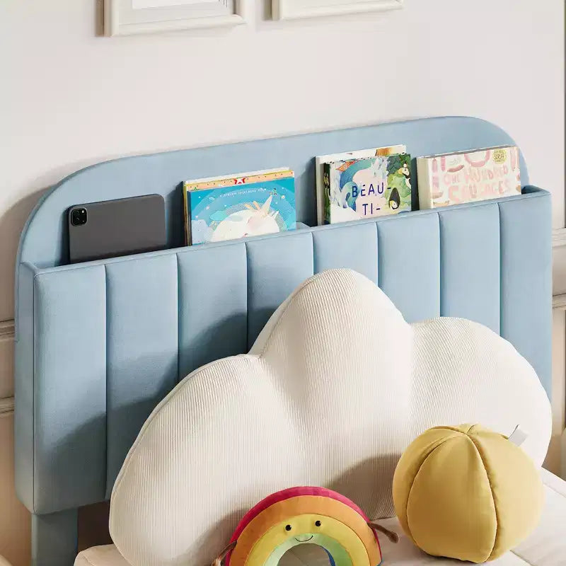 Letto a piattaforma singolo imbottito per bambini, azzurro, con cassetto portaoggetti e testiera con libreria, doghe in legno, silenzioso, senza rete a molle, facile da montare
