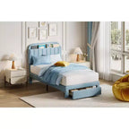 Letto a piattaforma singolo imbottito per bambini, azzurro, con cassetto portaoggetti e testiera con libreria, doghe in legno, silenzioso, senza rete a molle, facile da montare