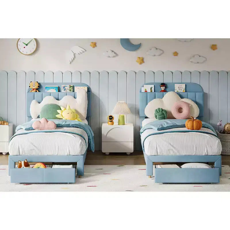 Letto a piattaforma singolo imbottito per bambini, azzurro, con cassetto portaoggetti e testiera con libreria, doghe in legno, silenzioso, senza rete a molle, facile da montare