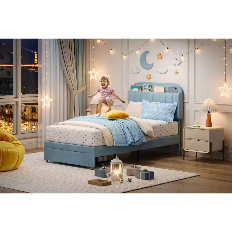 Letto a piattaforma singolo imbottito per bambini, azzurro, con cassetto portaoggetti e testiera con libreria, doghe in legno, silenzioso, senza rete a molle, facile da montare