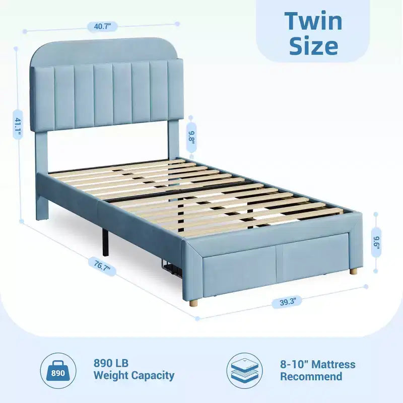 Letto a piattaforma singolo imbottito per bambini, azzurro, con cassetto portaoggetti e testiera con libreria, doghe in legno, silenzioso, senza rete a molle, facile da montare