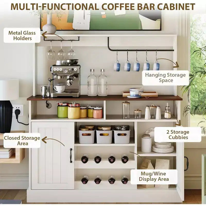 Mobile bar da caffè rustico 119 cm, in MDF con prese di corrente, portabottiglie, Nero