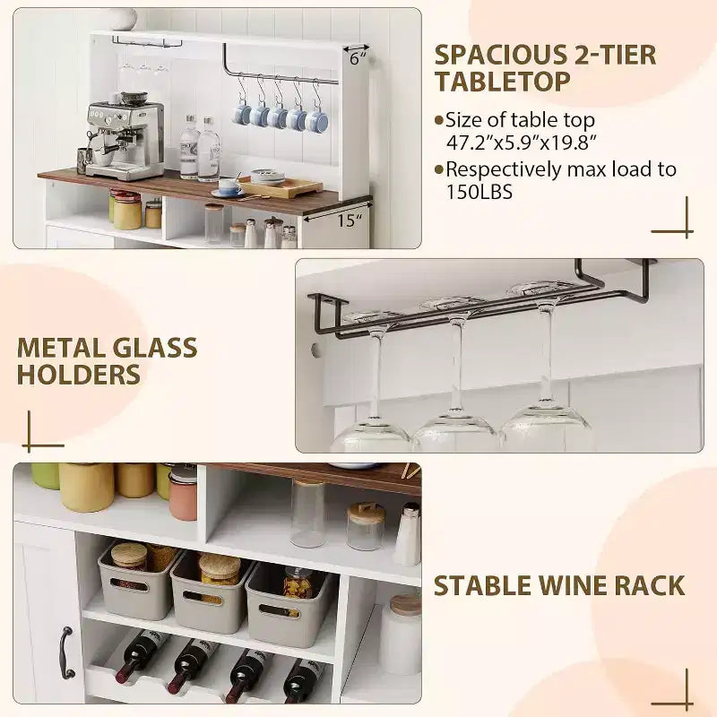 Mobile bar da caffè rustico 119 cm, in MDF con prese di corrente, portabottiglie, Nero