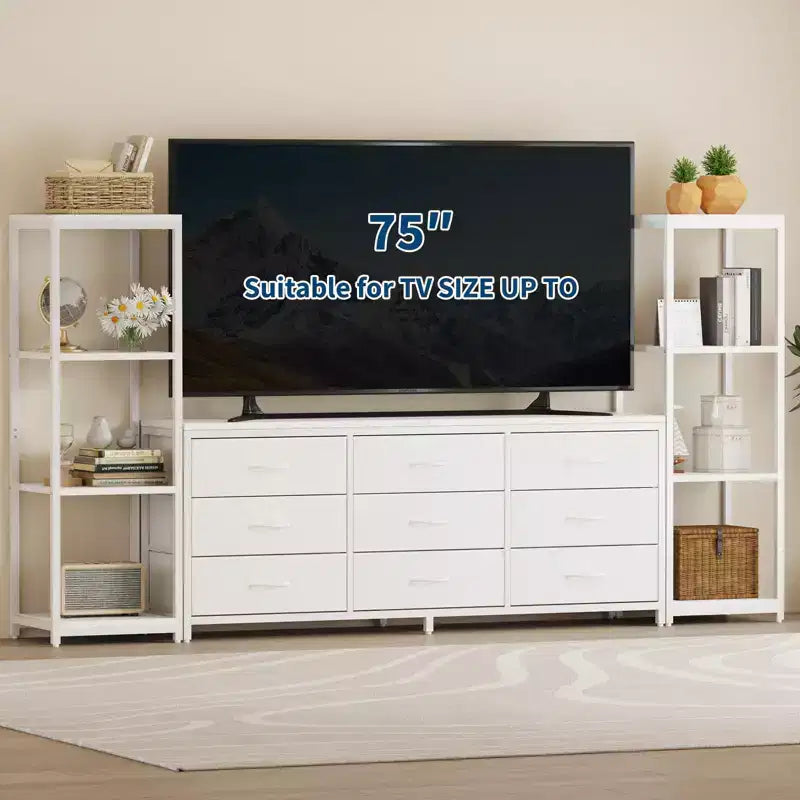 Mobile TV Industriale per TV Fino a 75 Pollici, Centro di Intrattenimento da Soggiorno con 9 Cassetti in Tessuto e 2 Scaffali di Stoccaggio a 4 Livelli, Consolle Multimediale per Camera da Letto