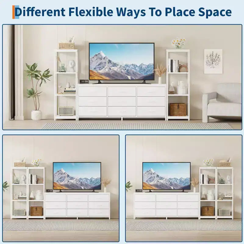 Mobile TV Industriale per TV Fino a 75 Pollici, Centro di Intrattenimento da Soggiorno con 9 Cassetti in Tessuto e 2 Scaffali di Stoccaggio a 4 Livelli, Consolle Multimediale per Camera da Letto