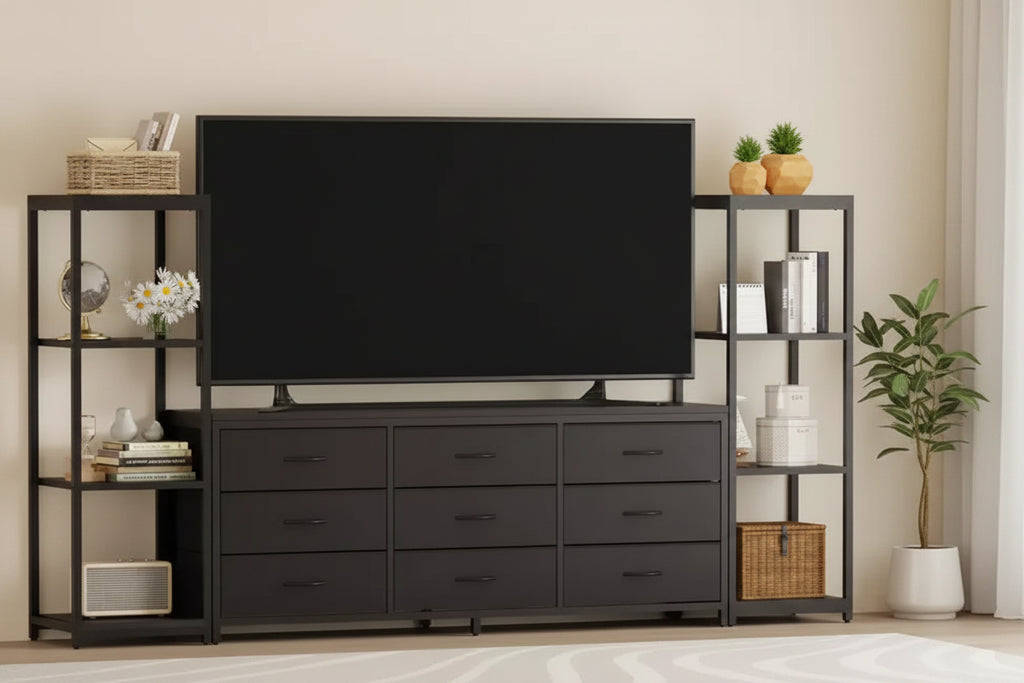Mobile TV Industriale per TV Fino a 75 Pollici, Centro di Intrattenimento da Soggiorno con 9 Cassetti in Tessuto e 2 Scaffali di Stoccaggio a 4 Livelli, Consolle Multimediale per Camera da Letto