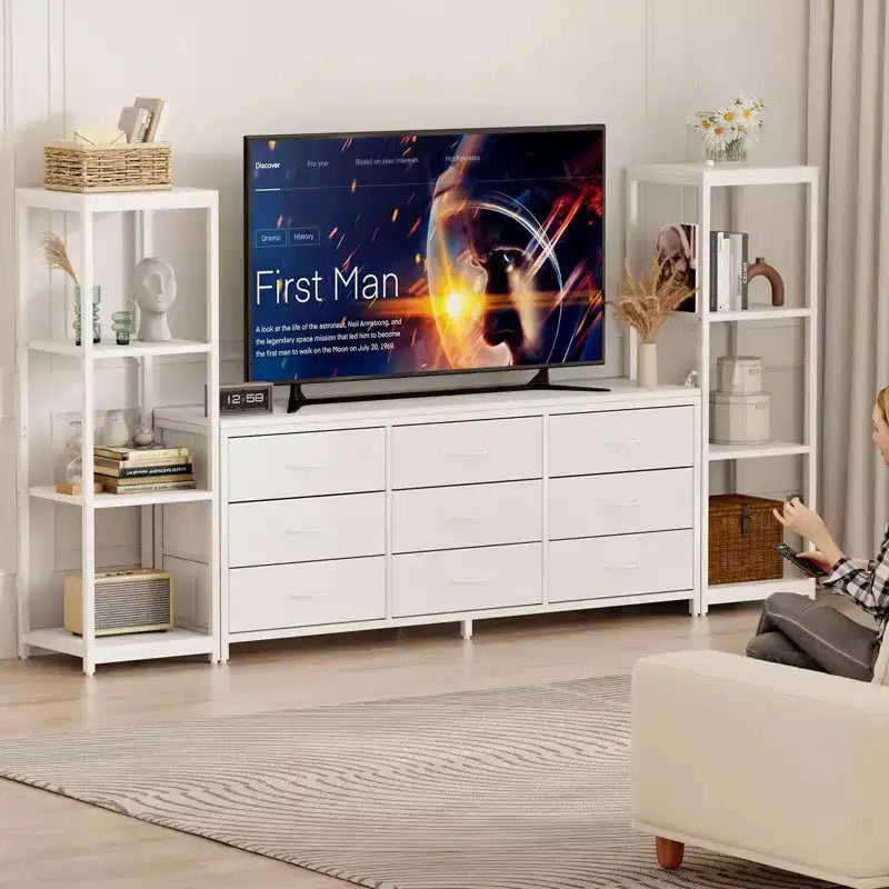 Mobile TV Industriale per TV Fino a 75 Pollici, Centro di Intrattenimento da Soggiorno con 9 Cassetti in Tessuto e 2 Scaffali di Stoccaggio a 4 Livelli, Consolle Multimediale per Camera da Letto