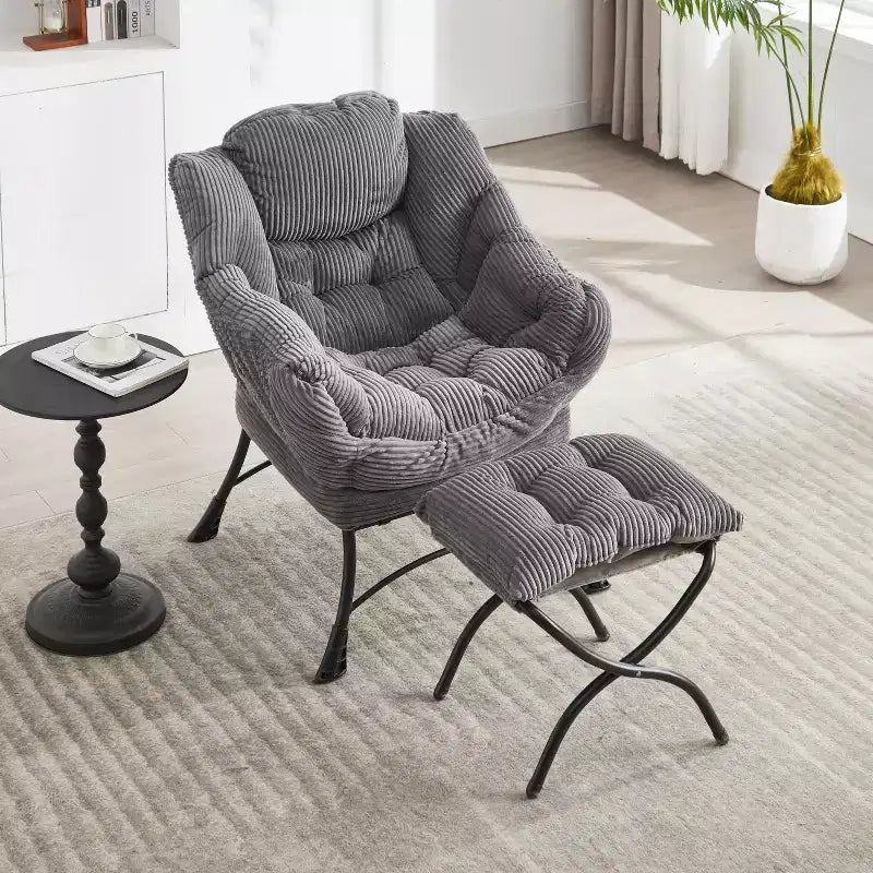 Poltrona Lounge Ergonomica con Pouf per Soggiorno e Piccoli Spazi - Struttura in Acciaio e Tasca Laterale