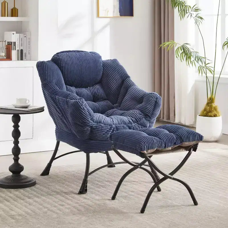Poltrona Lounge Ergonomica con Pouf per Soggiorno e Piccoli Spazi - Struttura in Acciaio e Tasca Laterale