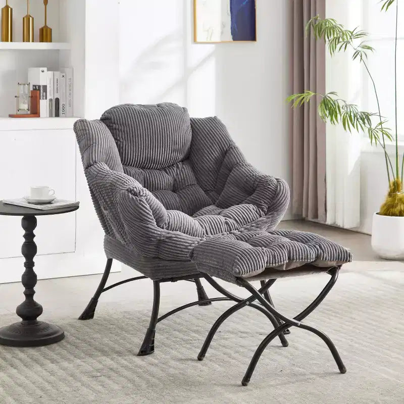 Poltrona Lounge Ergonomica con Pouf per Soggiorno e Piccoli Spazi - Struttura in Acciaio e Tasca Laterale
