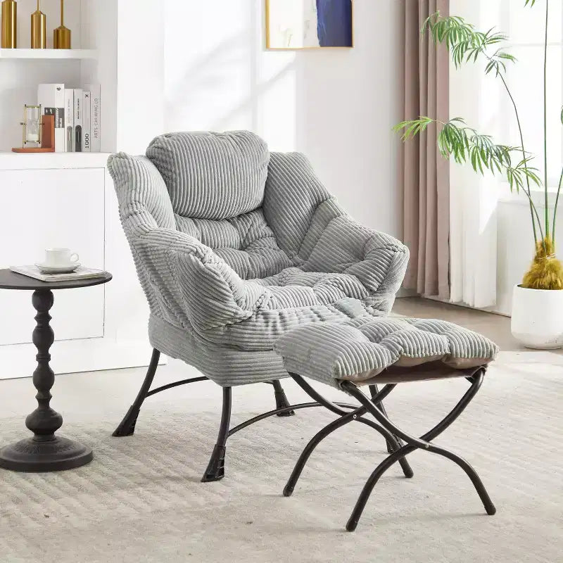 Poltrona Lounge Ergonomica con Pouf per Soggiorno e Piccoli Spazi - Struttura in Acciaio e Tasca Laterale