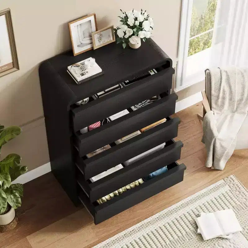 Comò/Cassettiera Moderna a 5 Cassetti con Parte Superiore Ad Arco, Design con Bordi Curvi, Mobiletto Indipendente, per Sala da Pranzo, Camera da Letto, Soggiorno